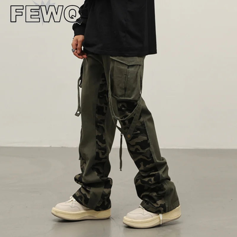 

FEWQ Lace Up Men's Cargo Pants High Street Male Y2k Stitching Color Overall Spliced Trousers Casual 2023 Summer Tide New 24B2361