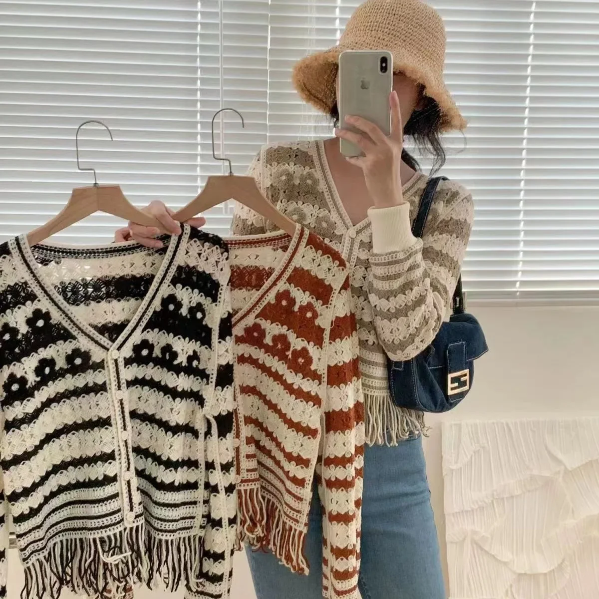 Новое поступление ранней осени Вязаный топ с V-образным вырезом бахромой женский