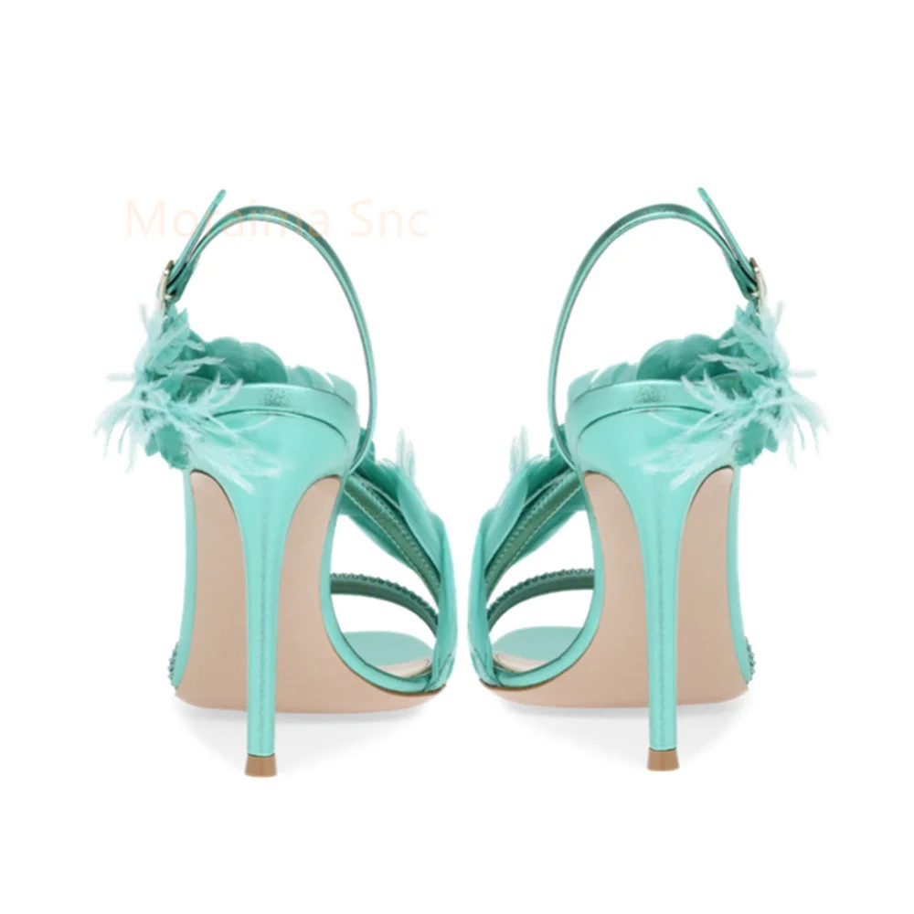 Summer Women Sandals Thin High Heel Comfortable Sexy Sweet Solid Feather Open Toe Dance Party Shoes Ladies