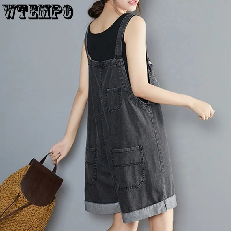 WTEMPO Denim Suspender Shorts for Women Summer Fashion Street Wear Korean Version Loose Sweetwear Student Versatile Capris