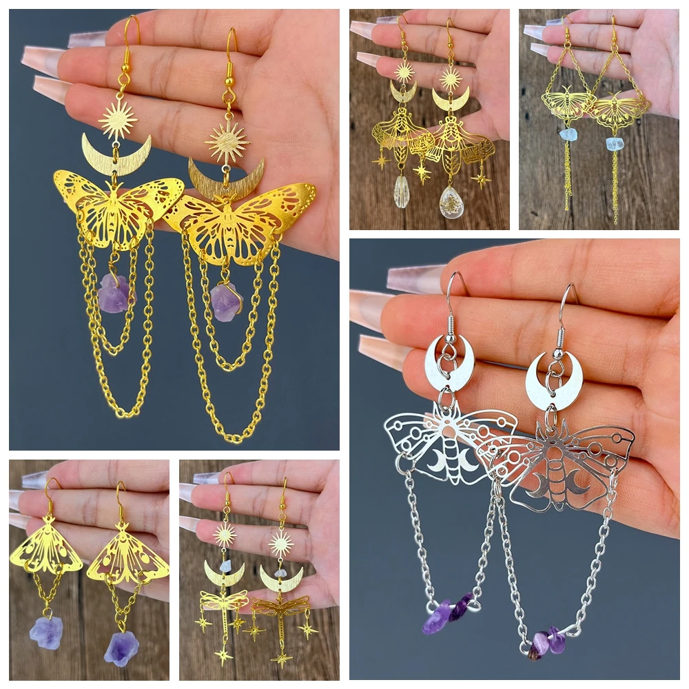 

1 pcs Gold trumpet ear enlargement butterfly chain amethyst earrings auricle piercing jewelry for the elegnat women wholesale