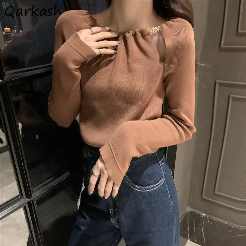 

Pullovers Women Hollow Out Slim Chain Fashion Elegant Sexy Design Basic Spring New All-match Cool Girlish Aesthetic Holiday Ins