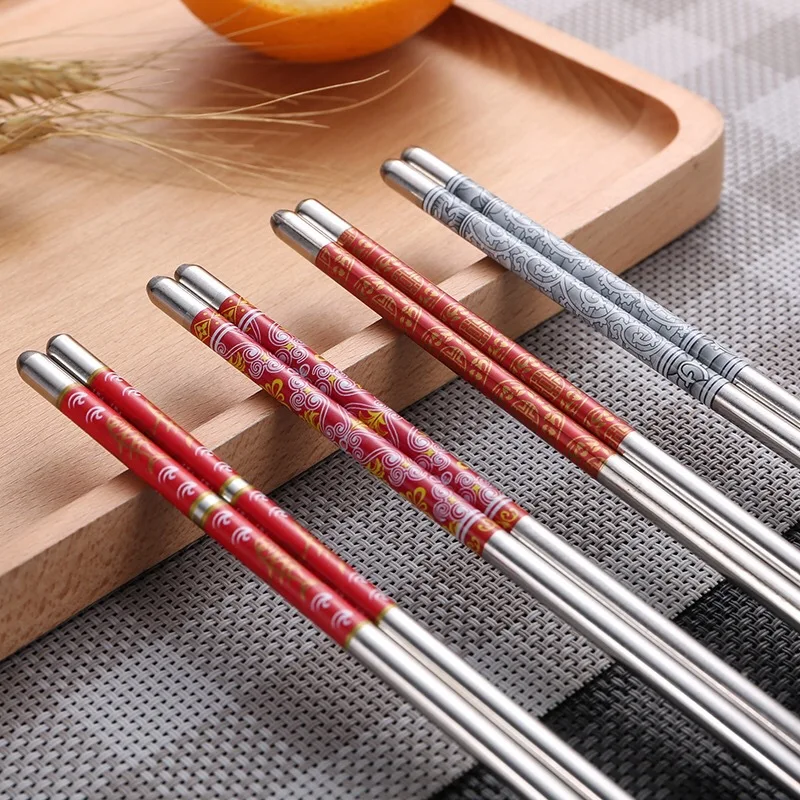 

New 1 Pair Stainless Steel Chopsticks Length White Flower Patters Food Sticks Portable Reusable Chopsticks 23 cm Tableware