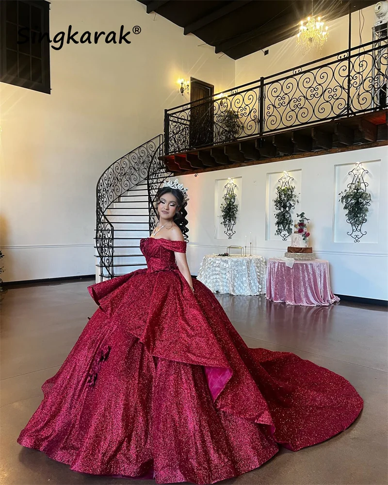 

Sparkly Red Wine Princess Quinceanera Dress Off Shoulder Lace Flower Appliques Crystals Vestidos De 15 Años Corset Dress