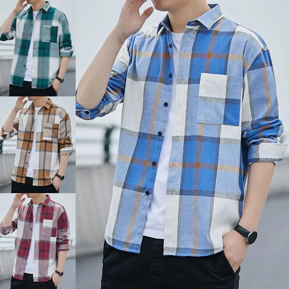 

Plaid Shirt Men T-Shirt Button Closure Turn-down Collar Casual Shirt Breathable Long Sleeve Men Tops For Daily Wear