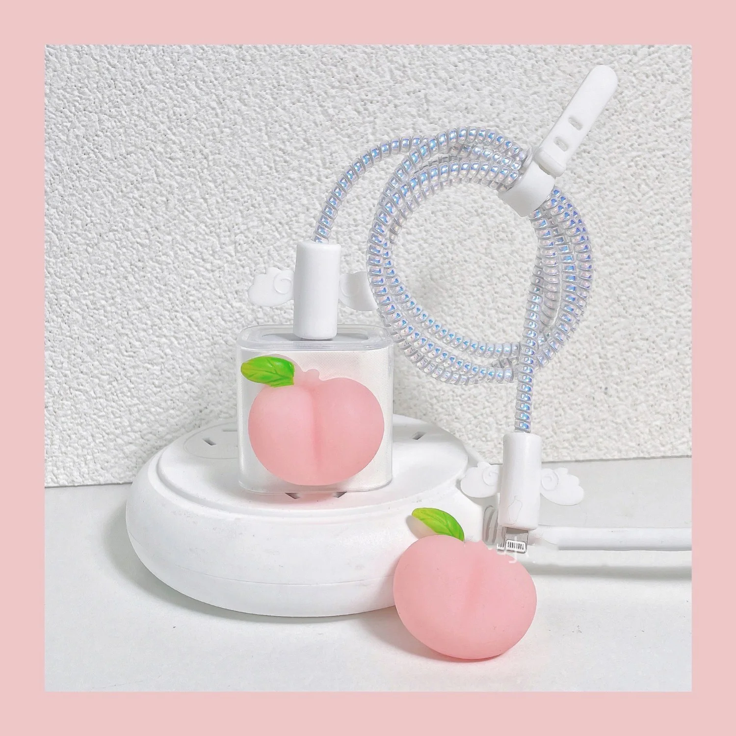 

2 Piece Set Protector 18W/20W Charger Head Winding Rope for iPhone 11 12 13 pro max Cute Peach Data Cable Protective Vover