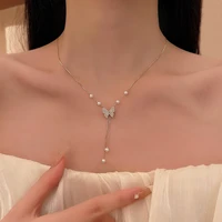butterfly pearl necklace elegant zircon bead choker necklace fashion tassel clavicle chain for women wedding jewelry collar 2022
