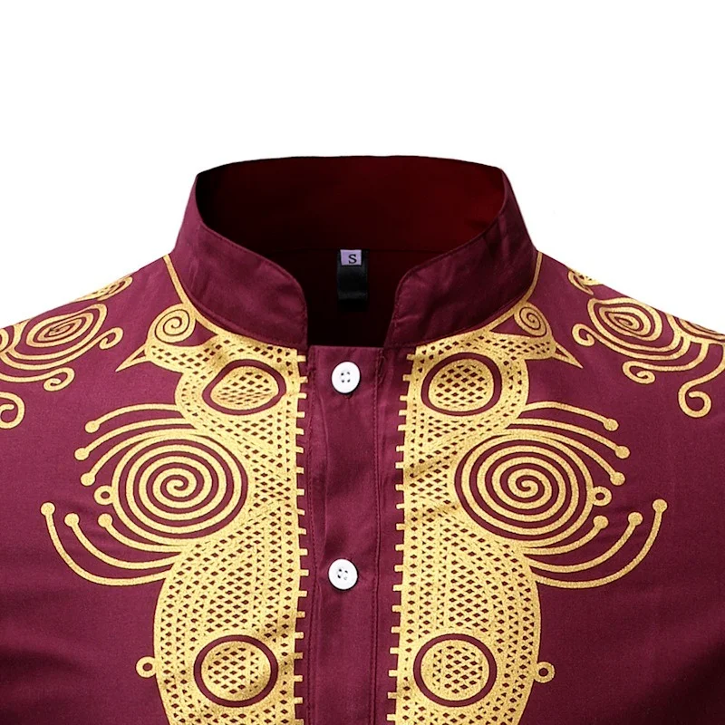 Muslim Men Shirt Islamic Clothes Print Stand Color Tops Kurta National Printed Long Sleeve Shirts Male Folk Hip Hop Streetwear