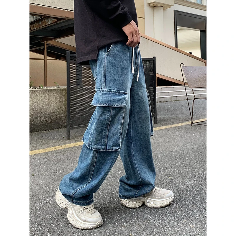 Мужские винтажные джинсы свободные прямые с большими карманами осень 2024