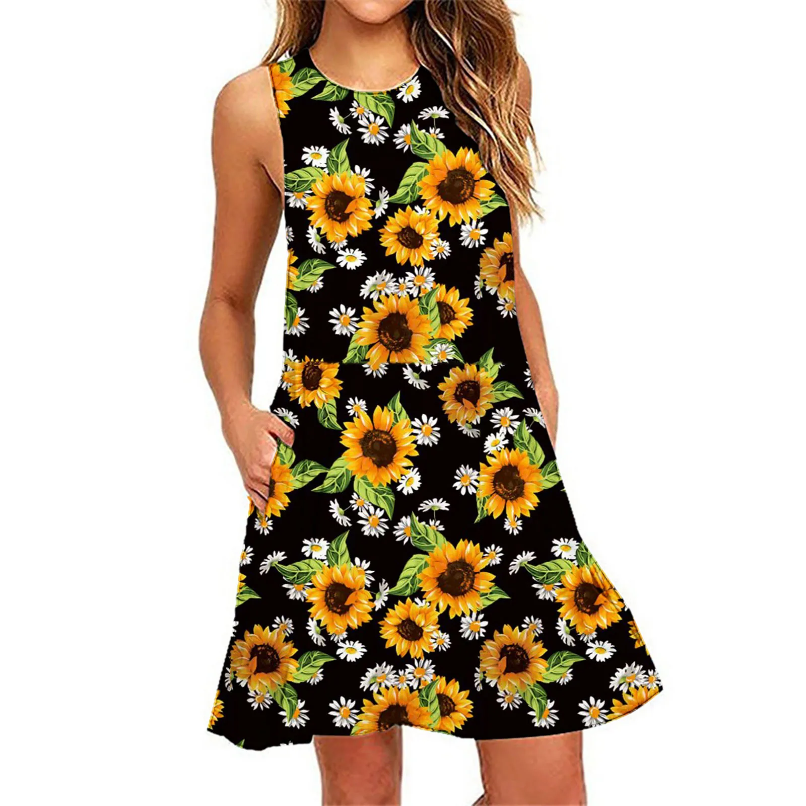 

Sunflower Print Short Dress Boho Tank Dresses Sleeveless Sundress Women Summer O-neck Beachwear Vacation Outfits Vestidos 2023