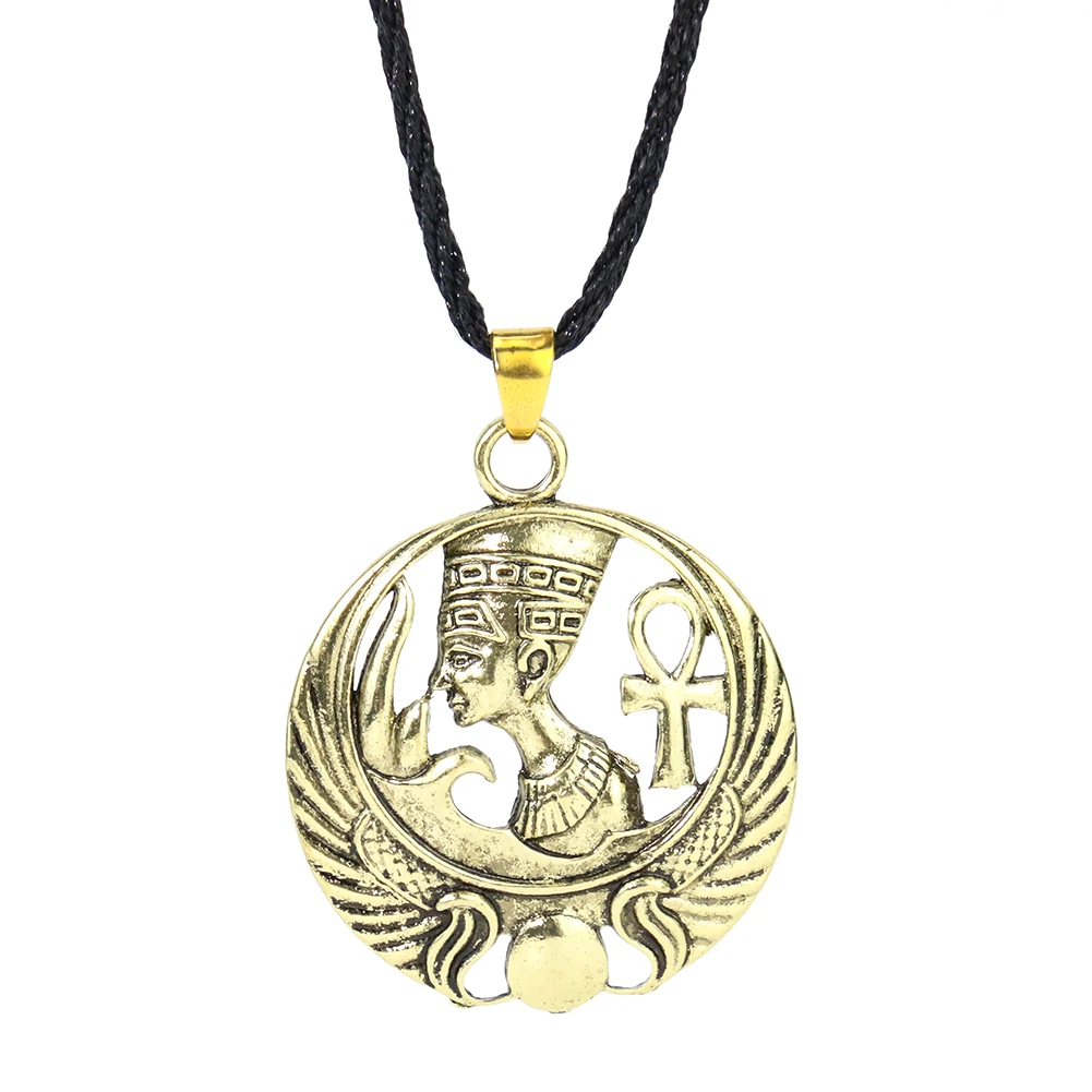 

Gold Nefertiti Ankh Necklace Egyptian Queen Portrait Aton Pharaoh Pendant Ancient Egypt Ra T Cross Amulet Woman Jewelry Gift