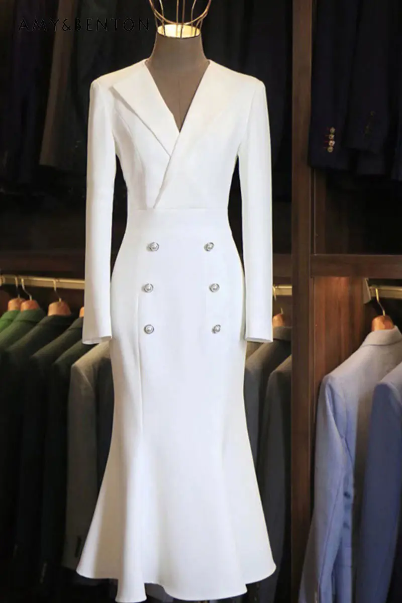 

Autumn Wear High Sense Temperament Goddess Style Formal Occasions Workwear Dress White Long Sleeve Midi Business Suit Dress