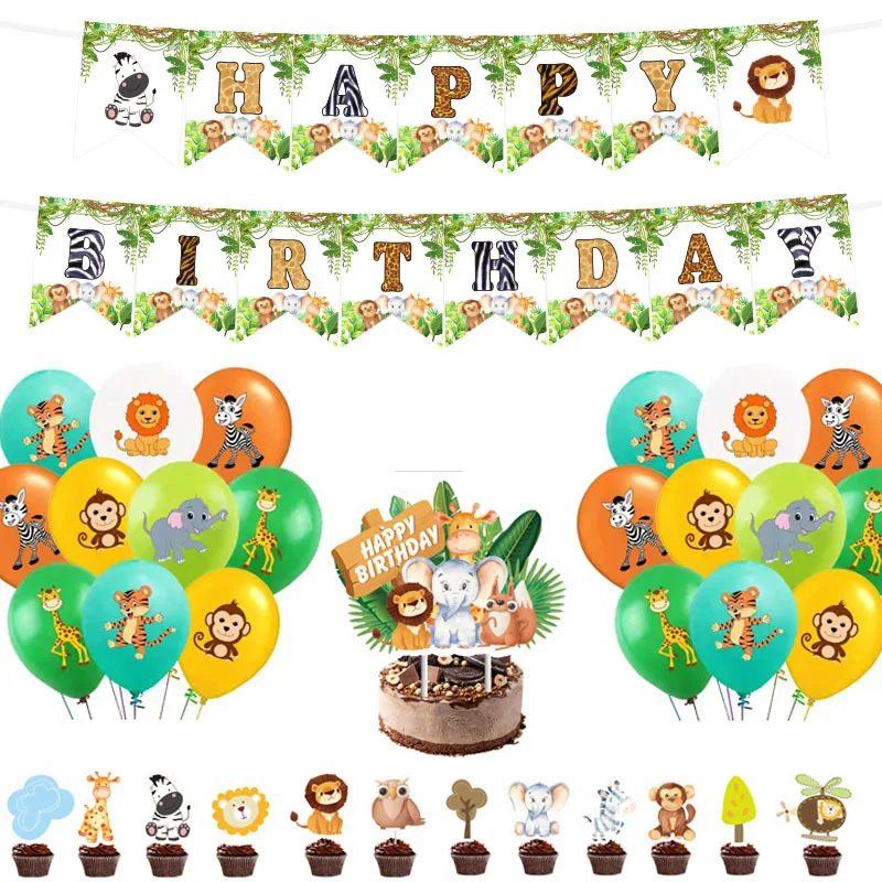 

Jungle Safari Themed Birthday Decoration Set Animals Happy Birthday Banner Cake Toppers and Balloons Kids Birthday Party Decor