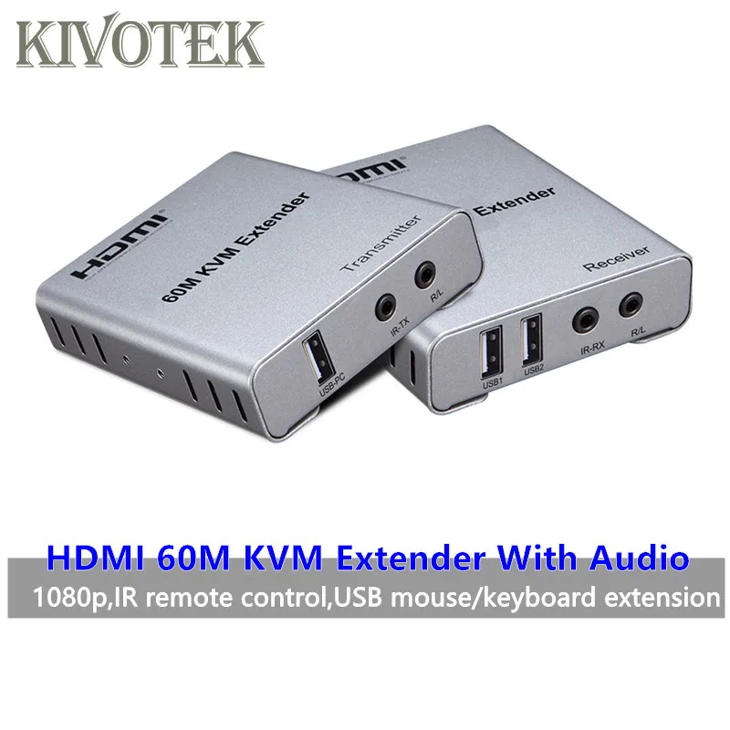 KVM HDMI удлинитель USB мышь/клавиатура удлинитель 60 м от Cat5/6/RJ45/LAN/UTP сетевой кабель, ИК управление, TX/RX 3,5 мм R/L аудио выход