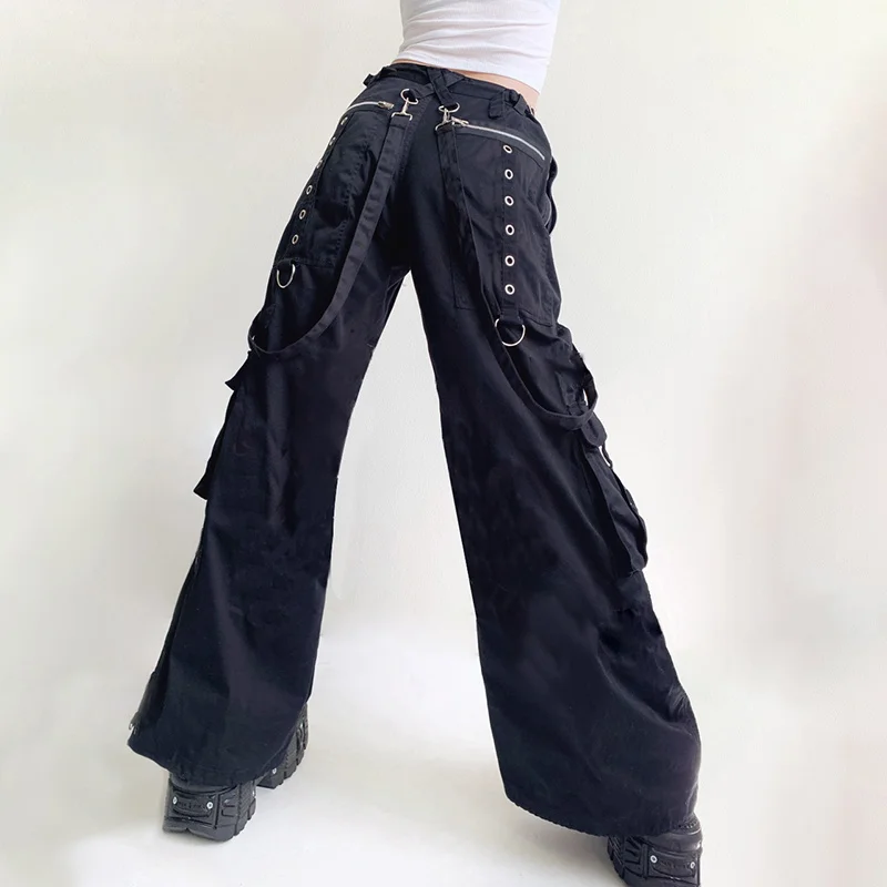 

Брюки женские бандажные в стиле хип-хоп Y2K, эстетичные модные мешковатые прямые штаны с металлическим украшением, уличная одежда в стиле панк и гранж