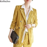 kohuijoo 2022 autumn new office lady yellow velvet blazer jacket women elegant blazers temperament double breasted casual coat