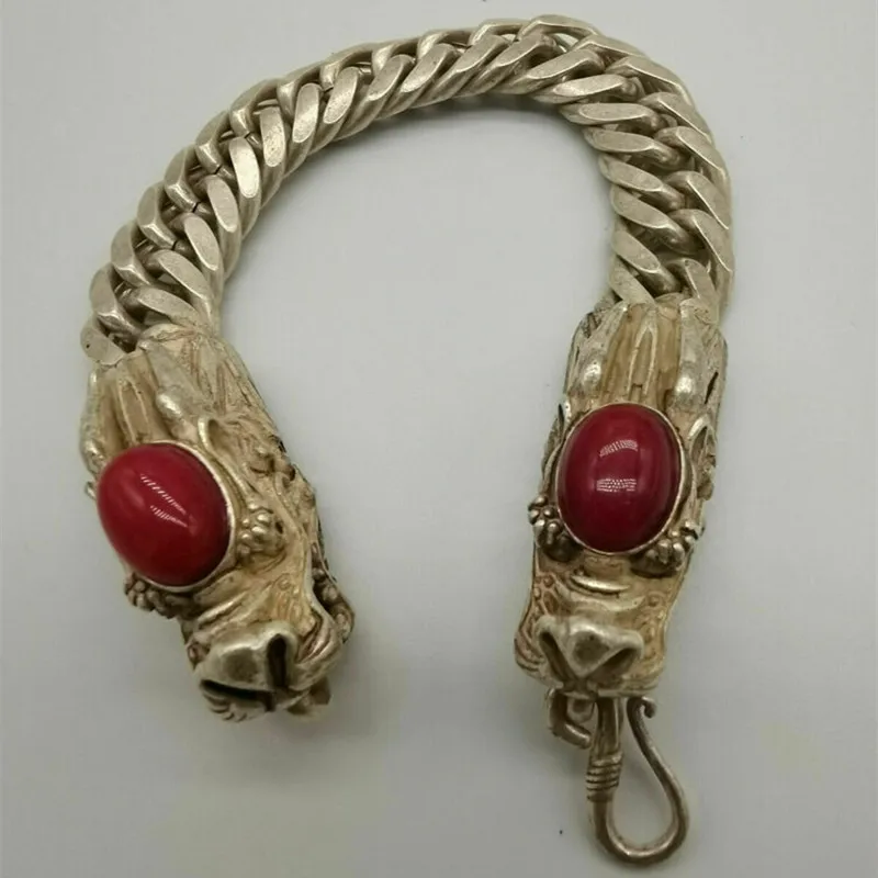 

China Old Tibetan Silver Inlaid with Red Jade Dragon Bracelet