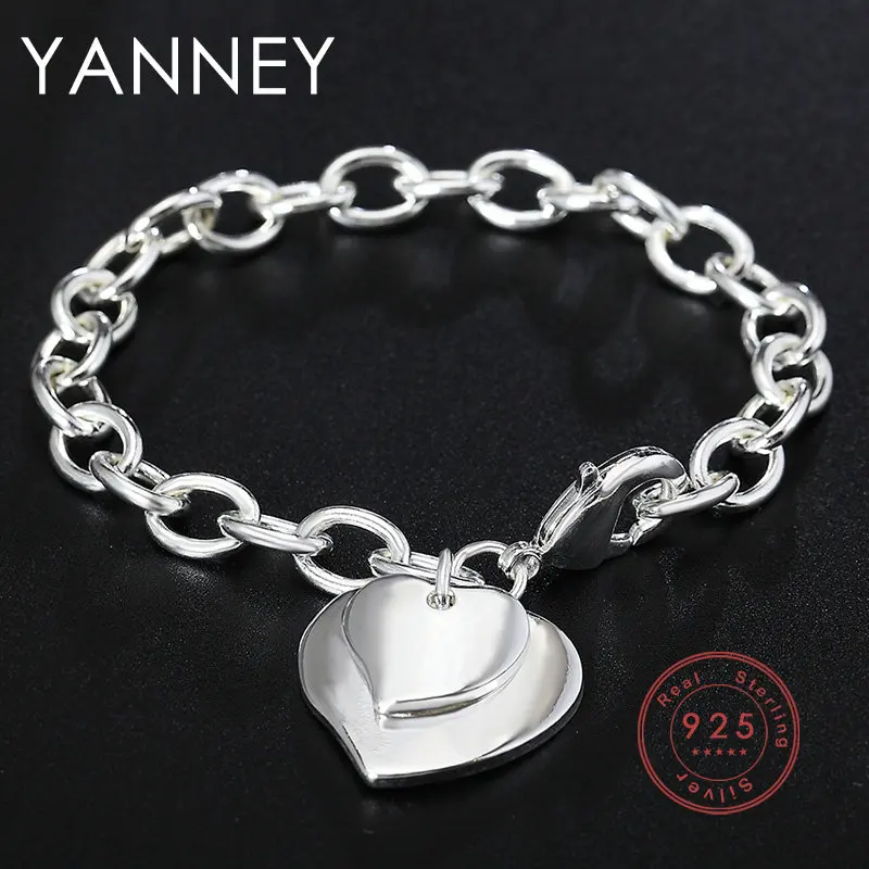 

Fashion 925 Sterling Silver Woman Romantic Double Heart 8 Inches Bracelet Charm Luxury Wife Temperament Gift Couple Jewelry