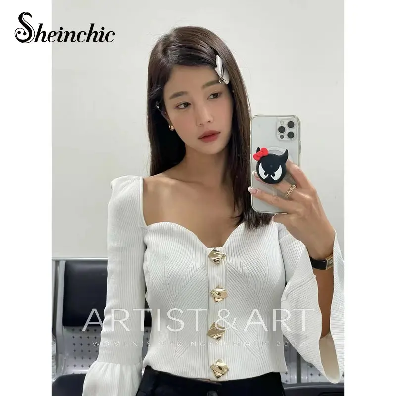 

Korean Fashion Fall Clothes for Women 2022 Luxury Gold Buttons Flare Sleeve White Cardigan Mujer Autumn Elegant Knitted Sweaters