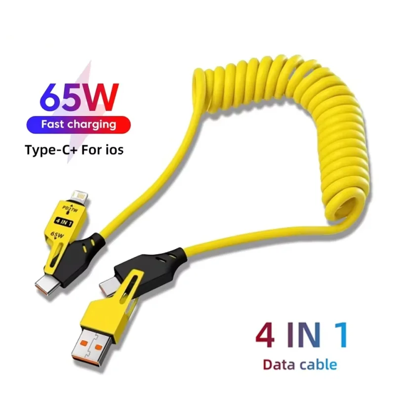 4 in 1 65W Spring Short Data Cable 6A USB Type C Spring Telescopic Quick Charger Wire Spring USB Cable for iPhone 15 14 13 12