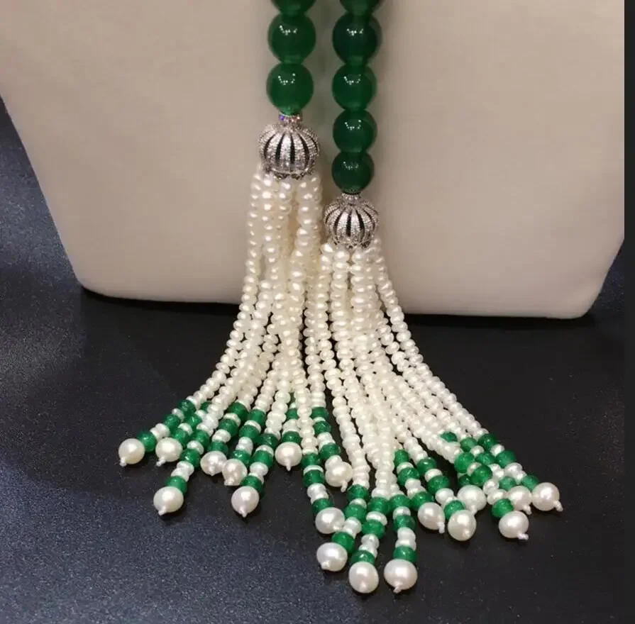 Супер красивое ожерелье с кисточкой из зеленого нефрита и пресноводного жемчуга