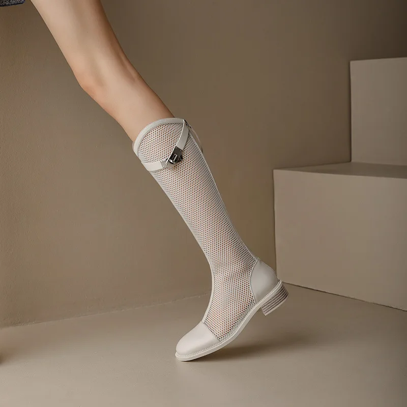 

Женские сапоги до колена во французском стиле, сетчатые дышащие, на толстом каблуке, в ретро стиле, элегантные, весна-лето