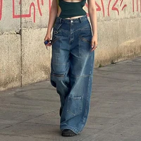 ins american street multi pocket zipper old jeans ladies 2022 spring and summer new chain streamer straight wide leg trousers