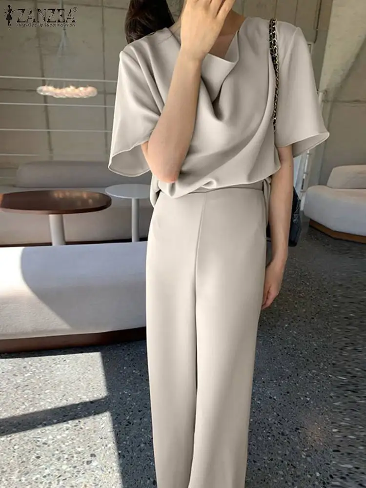 

Oversized Office Lady Elegant Maxi Tracksuit 2022 Fashion Matching Sets ZANZEA Solid Blouse And Wide Leg Pants Women Summer 2PCS