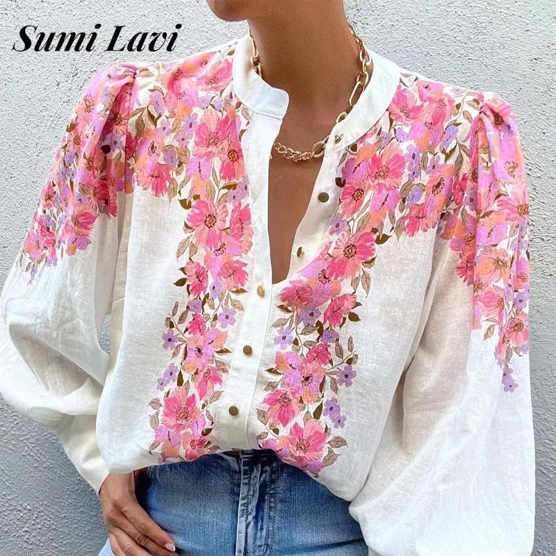 

New All-match Casual Lady Loose Blouse Spring Autumn O Neck Single-breasted Tops Vintage Women Floral Print Lantern Sleeve Shirt