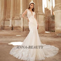 anna classic elegant wedding dresses trumpet scoop full sleeve illusion appliques robe de mari%c3%a9e customised