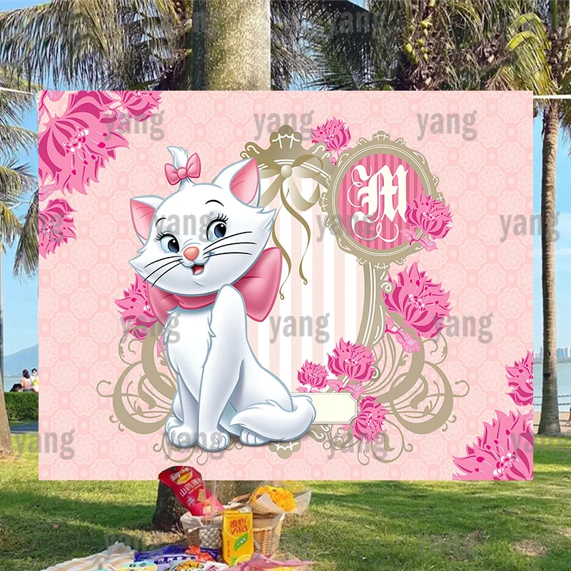 

Romantic The AristoCats Backdrop Pink Flowers Wedding Disney Baby Shower Tapestry Marie Cat Background Party Supplies Birthday