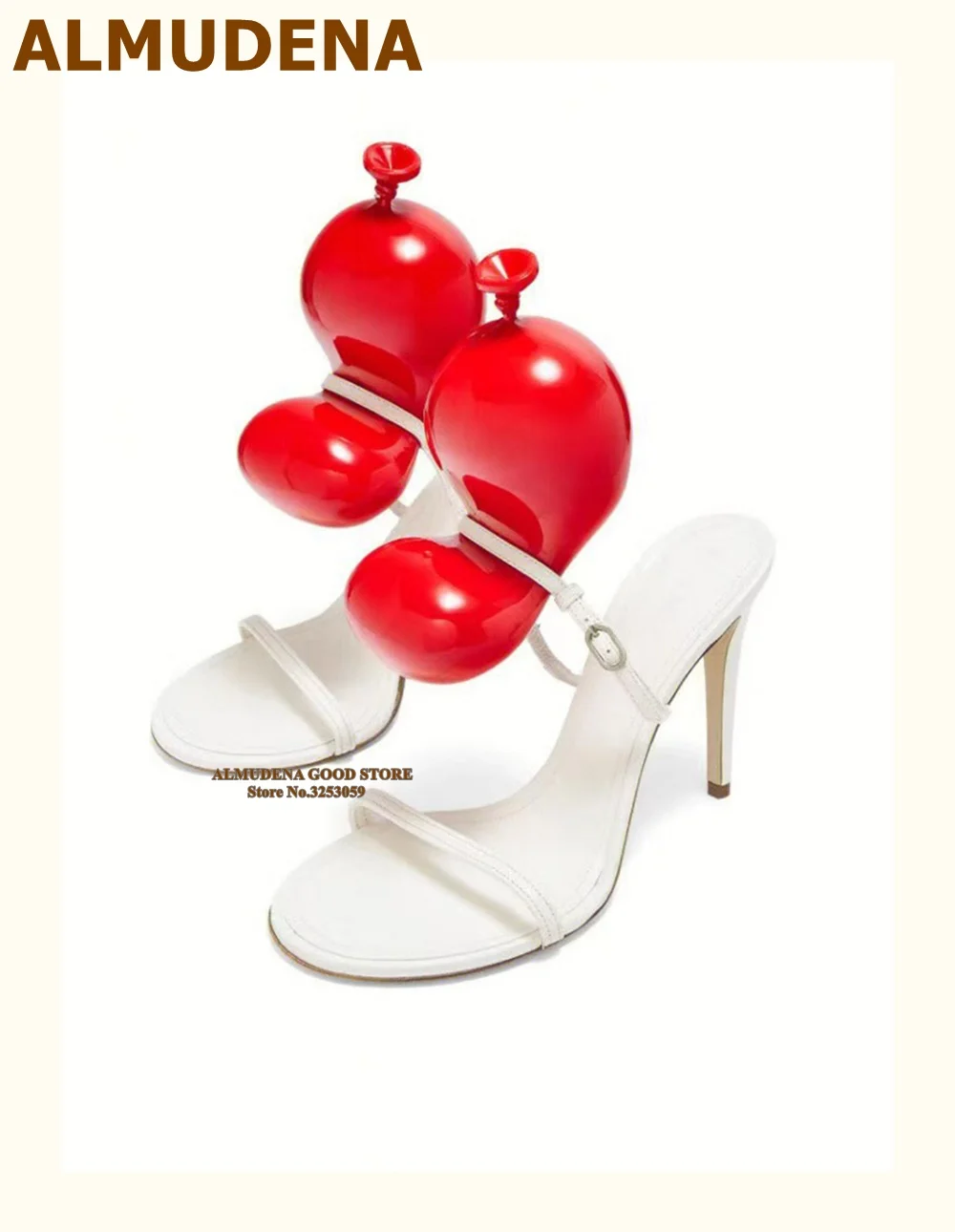 ALMUDENA Red Black Balloon Sandals 3D Designer White Bcukle Strap Stiletto Heel Slipers Sweet Girl's Dress Shoes Wedding Pumps