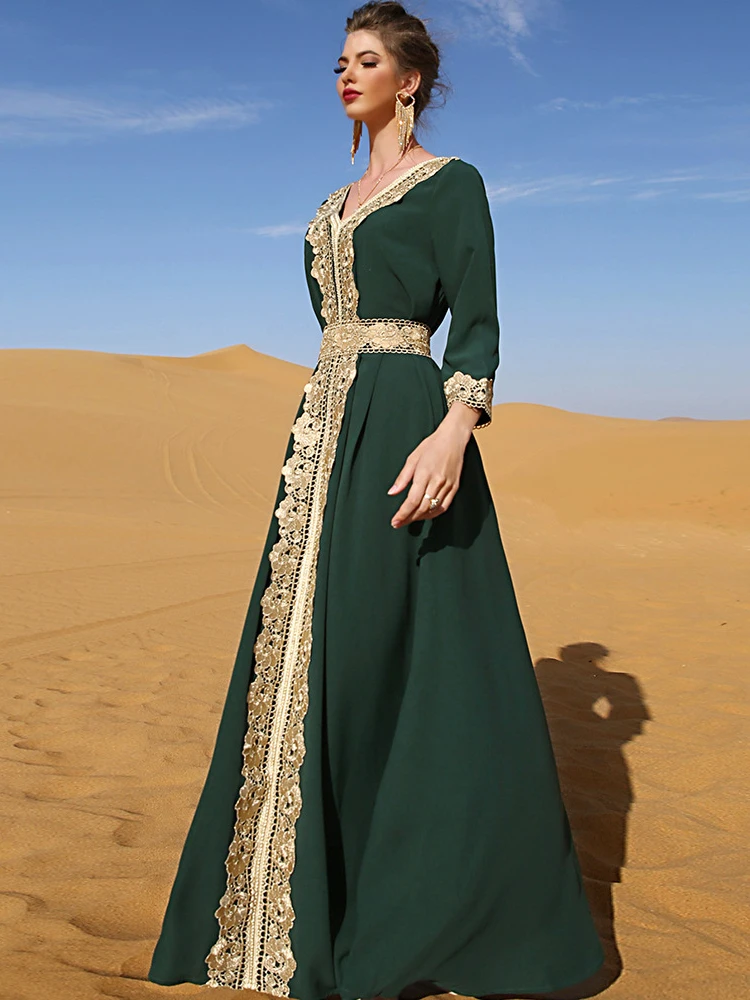 Elegant Muslim Women Dress Embroidery Lace Retro Fashion Abaya Party Long Dress Morocco Kaftan IslamClothing Dubai Turkey Robe