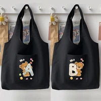 woman shopping bag handbag canvas shoulder bag casual cute bear letter pattern printing lady tote bag commuter basic vest bag