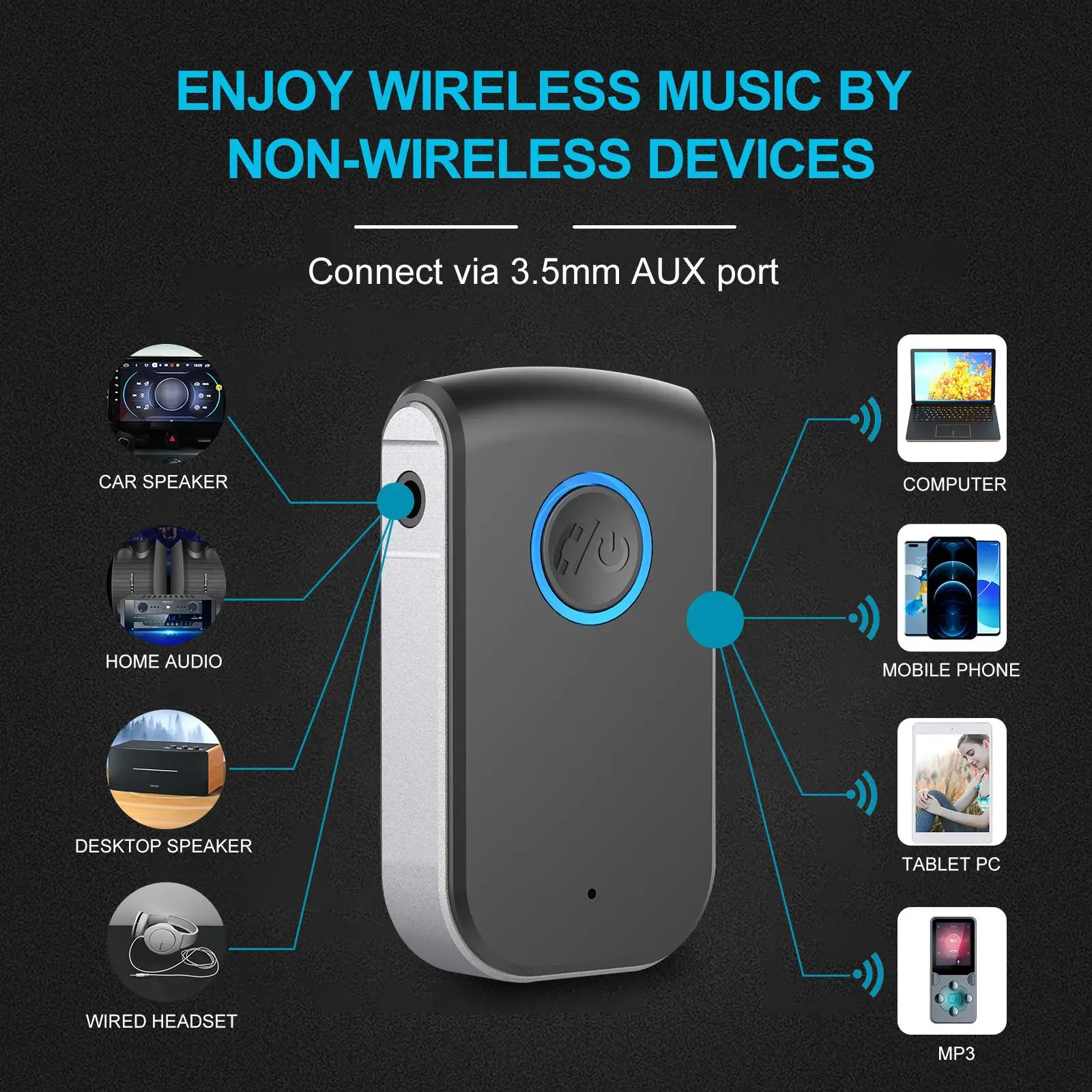

Bluetooth AUX-приемник, встроенный микрофон, портативное шумоподавление, стерео 3,5 мм AUX Bluetooth автомобильный адаптер для проводных наушников