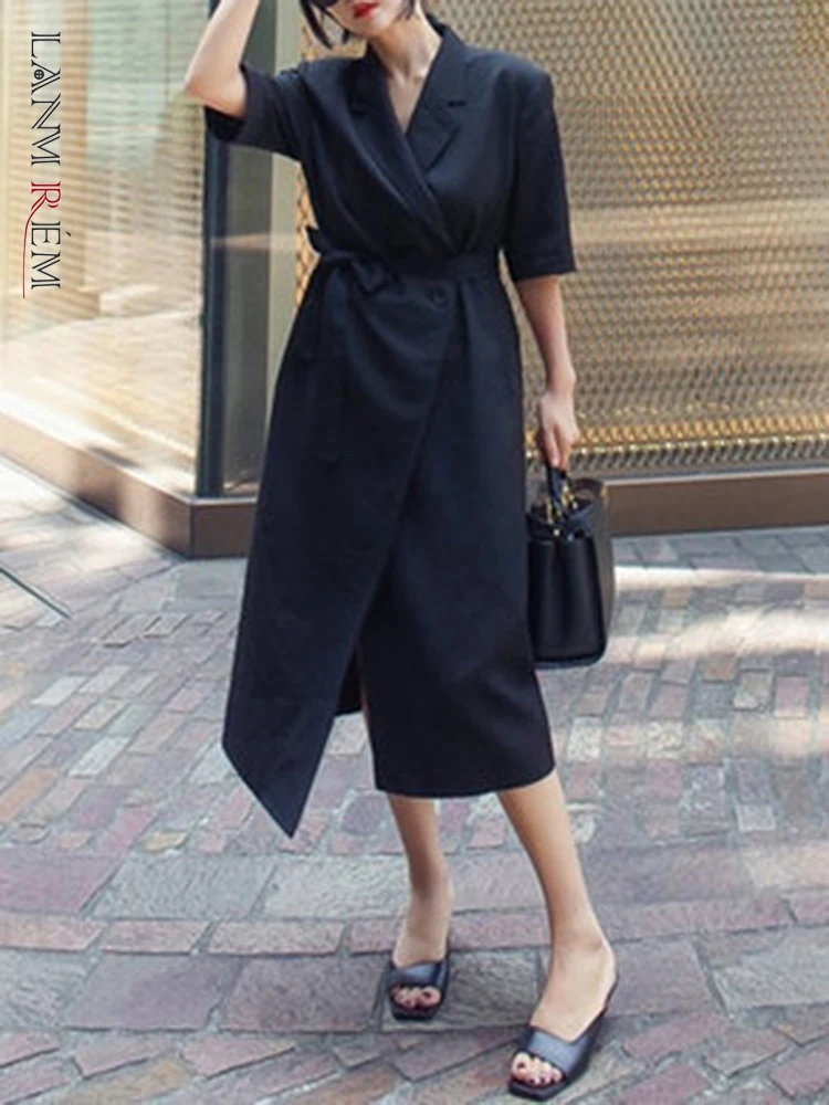 

LANMREM корейское платье с поясом для женщин, с отворотом, с короткими рукавами, дизайнерское, однотонное, офисное, модное, с соединением, весна 2023, новинка 2YA1424