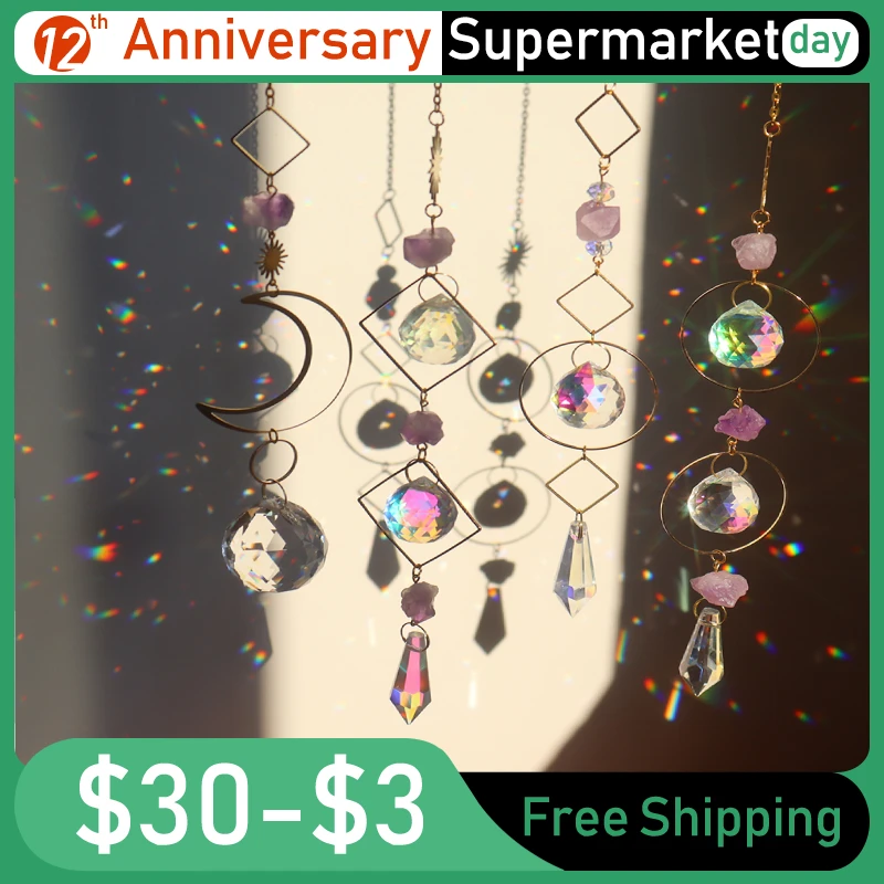 

Кристаллы из натурального камня, подвеска в виде ветряной колокольни, Луны и Солнца, Ловец света ручной работы, подвеска-колокольчик для око...