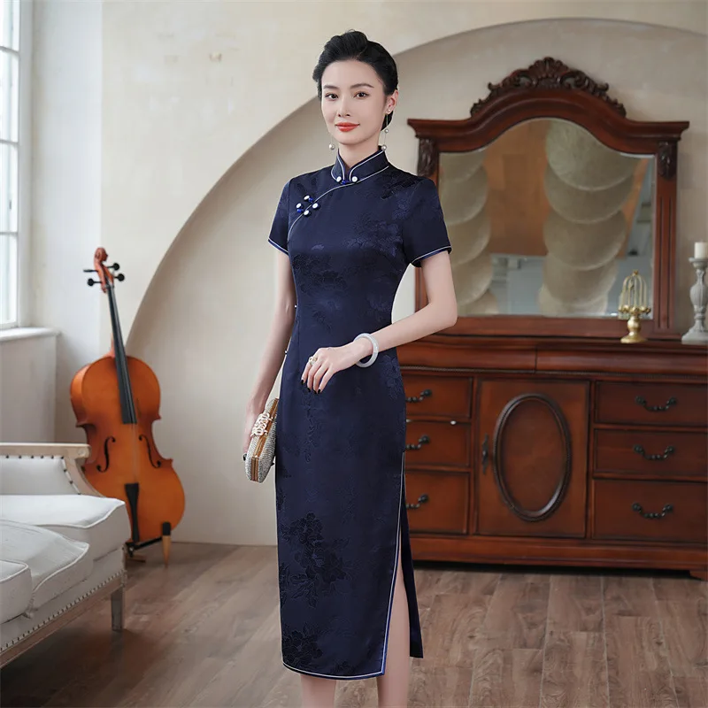 Высокое качество элитное платье Cheongsam Qipao из натурального шелка летнее женское 2024