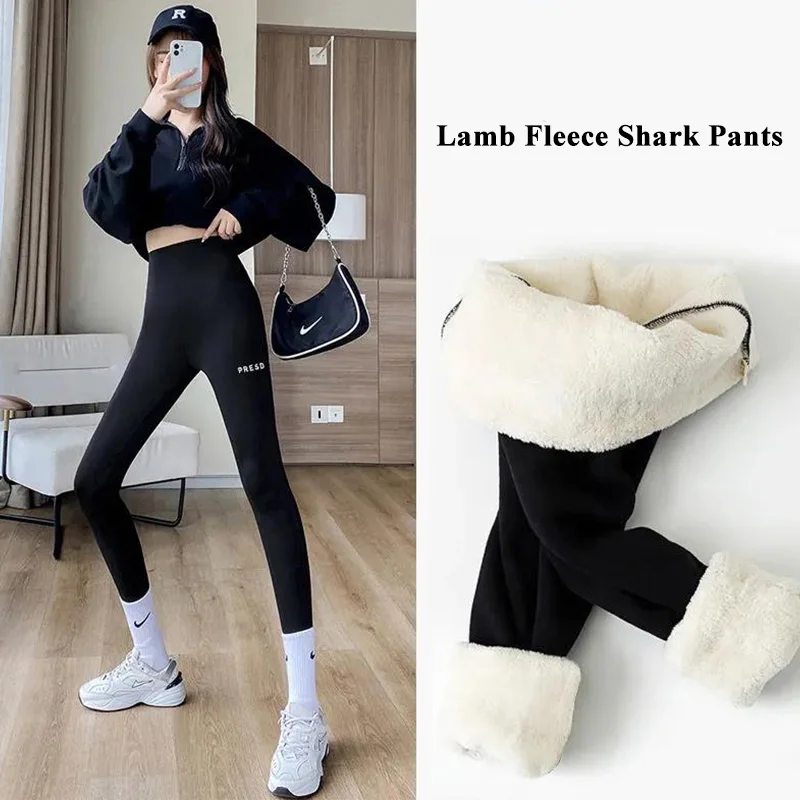 Warm Winter Thick Lamb Wool Shark Pants Outer Wear Plus Velvet High Waist Black Leggings Women's Elastic Cold Resistant Pants