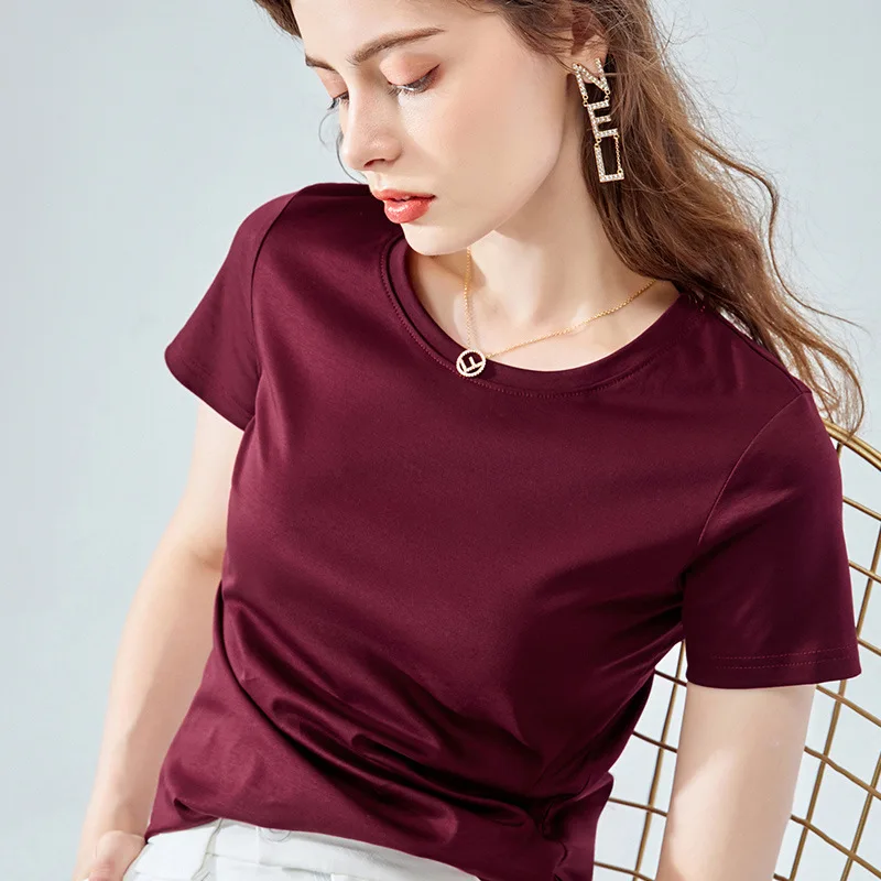 MRMT 2023 Brand New Women's Double Sided Mercerized Cotton Short Sleeve T Shirt Refreshing Breathable Round Neck Solid Color