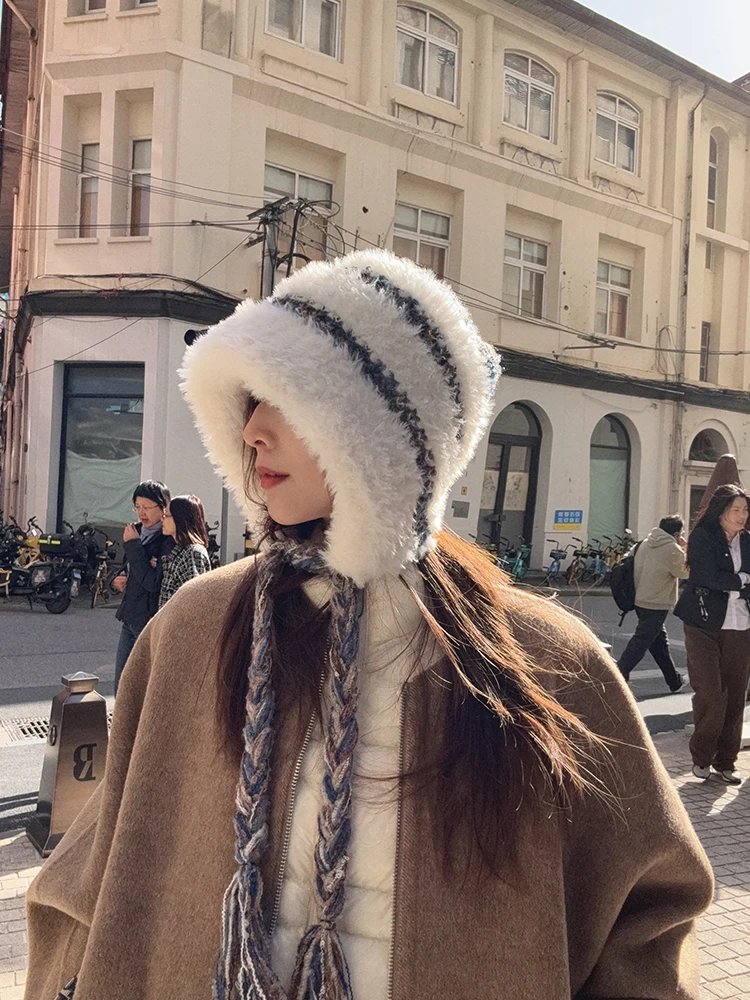 24 Новинка ~ плюшевая рыбацкая шапка на шнуровке женская осенне-зимняя уменьшит