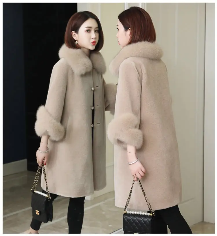 Autumn  winter 2022 faux lamb fur coat women's medium long fox fur collar cashmere faux fur coat