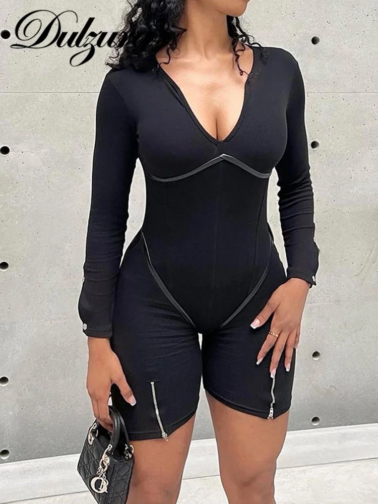 

Dulzura Autumn Ribbed Patchwork Y2K Clothes Long Sleeve V-Neck Bodycon Skinny Playsuit For Women Sporty Streetwear Romper Outfit