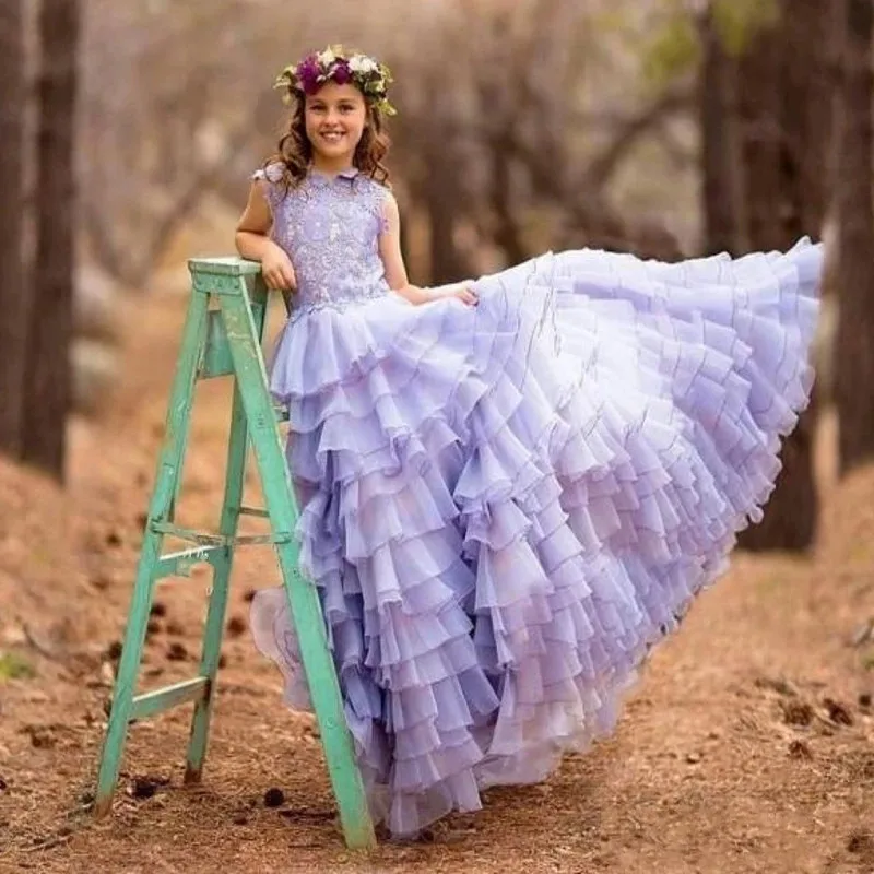 

Kids Flower Girl Dress For Wedding Lavender Girls Pageant Princess Gown With Lace Sleeveless Toddler Tiered Birthday Dress