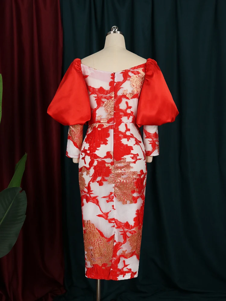 2023 New in Women Party Dress Red Puff Long Sleeve Bare Shoulder Peplum Birthday  Evening Formal Dresses