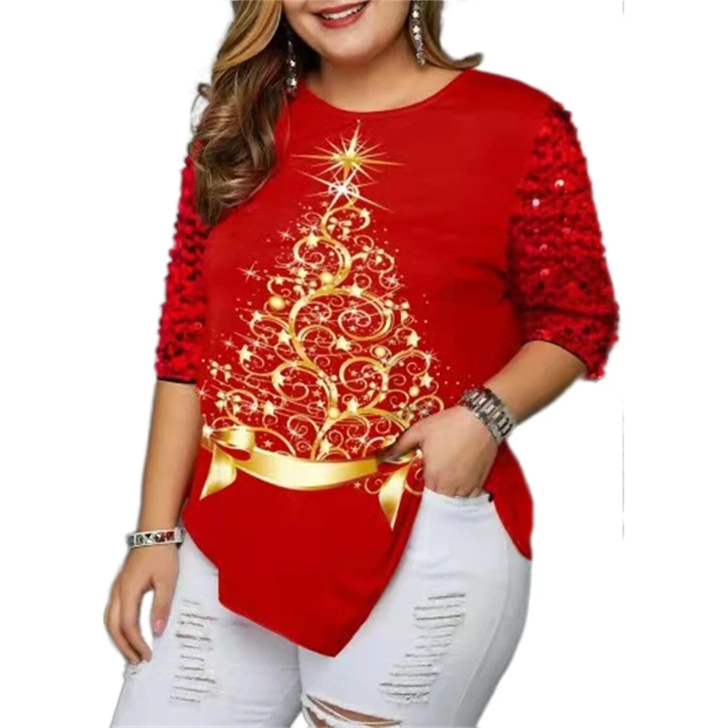 2022 Women's Fashion Plus Size T Shirt Christmas Tree Print Irregular Three Quarter Sleeve Daily Street Style Peplum Loose Tops