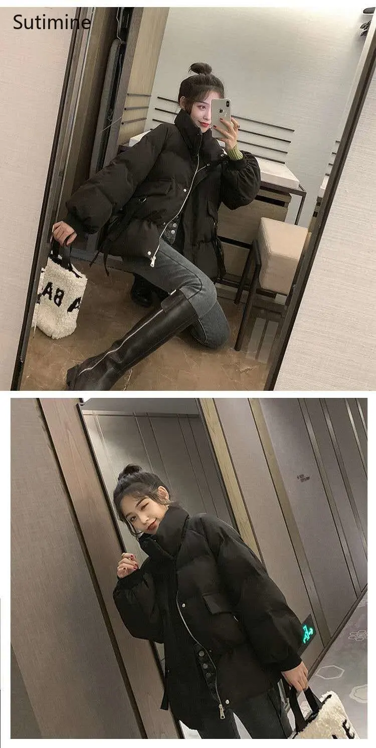 Winter Clothes Women Office Lady Pockets Women Short College Style Cotton Padded Jacket Lace-up Zipper Winter Coat Women