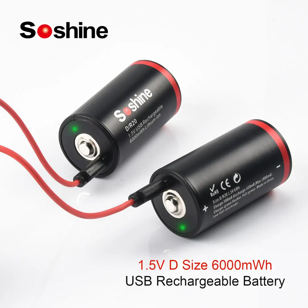 

Genuine/​Original Soshine 1.5V 6000mWh Lithium Battery USB Rechargeable Batteries D Size Li-ion Battery with 2-in-1 USB Cable