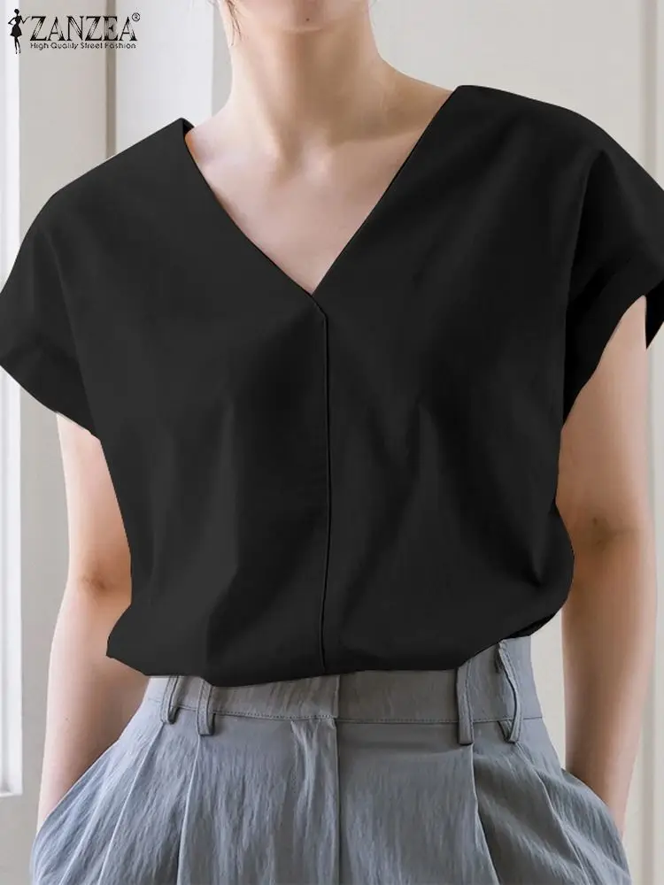

Летние топы, женская блузка без рукавов с V-образным вырезом, повседневные однотонные свободные блузы ZANZEA, элегантные офисные рубашки, корей...