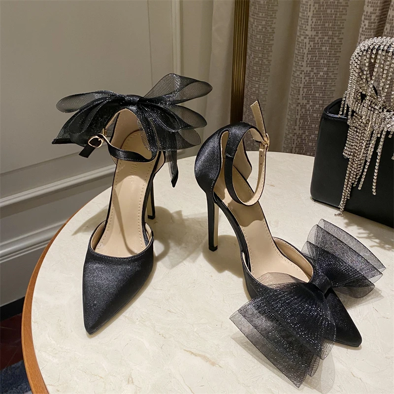 

Star style Fashion Lace Big bowknot Women Sandals 10cm Thin High heels Ankle strap Gladiator Sandals Summer Party Prom Shoes
